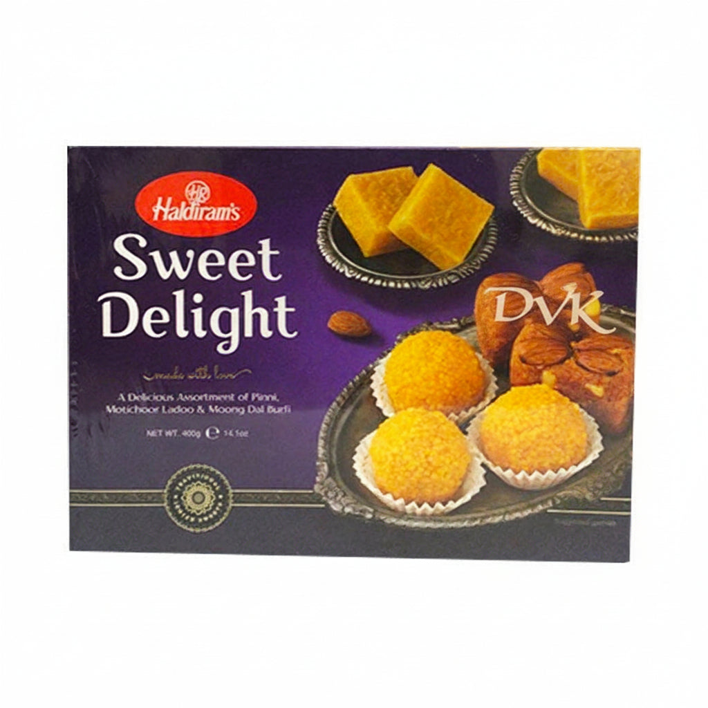 Haldiram's Sweet Delight packaging with assorted sweets on a white background