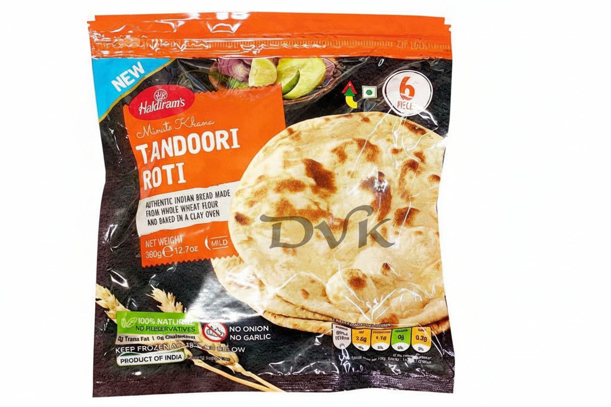 Haldiram's Tandoori Roti packaging with a roti image on a white background