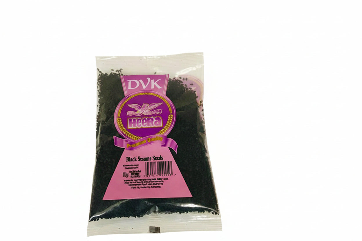 Bag of black sesame seeds with a pink label on a white background