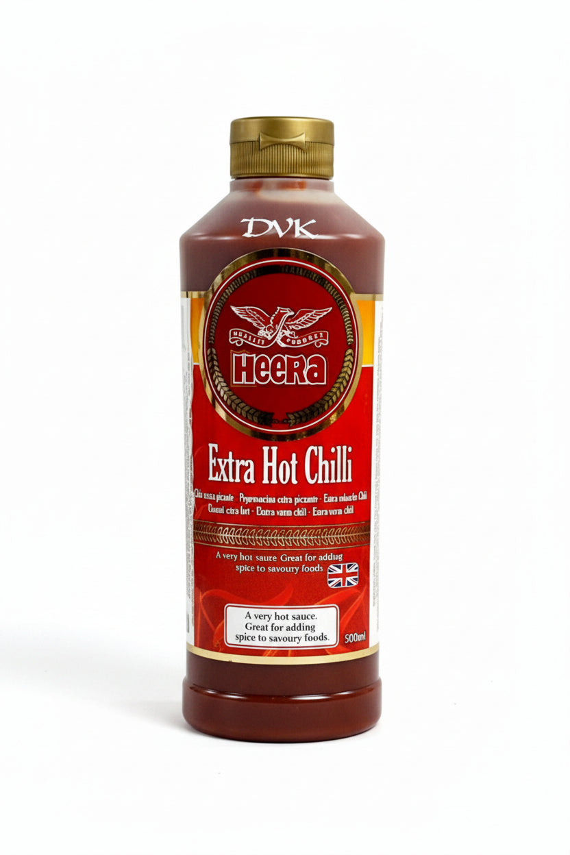 Heera Extra Hot Chilli sauce bottle on a white background