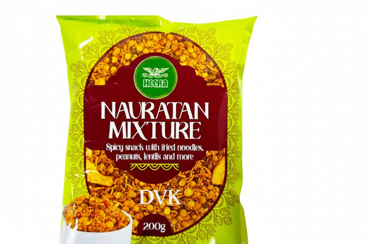 Packaging of Nauratan Mixture snack with green and red design