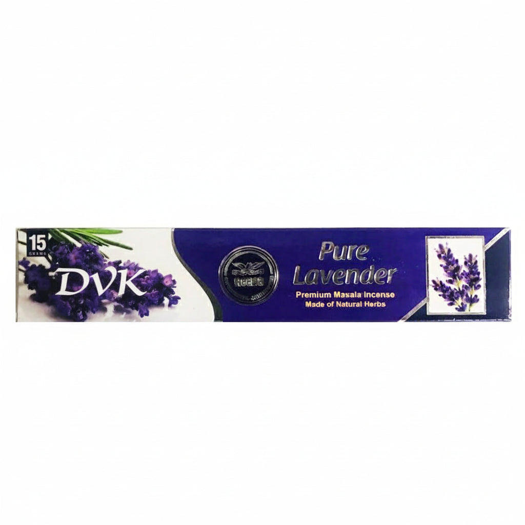 Box of Pure Lavender incense with lavender flowers on a white background