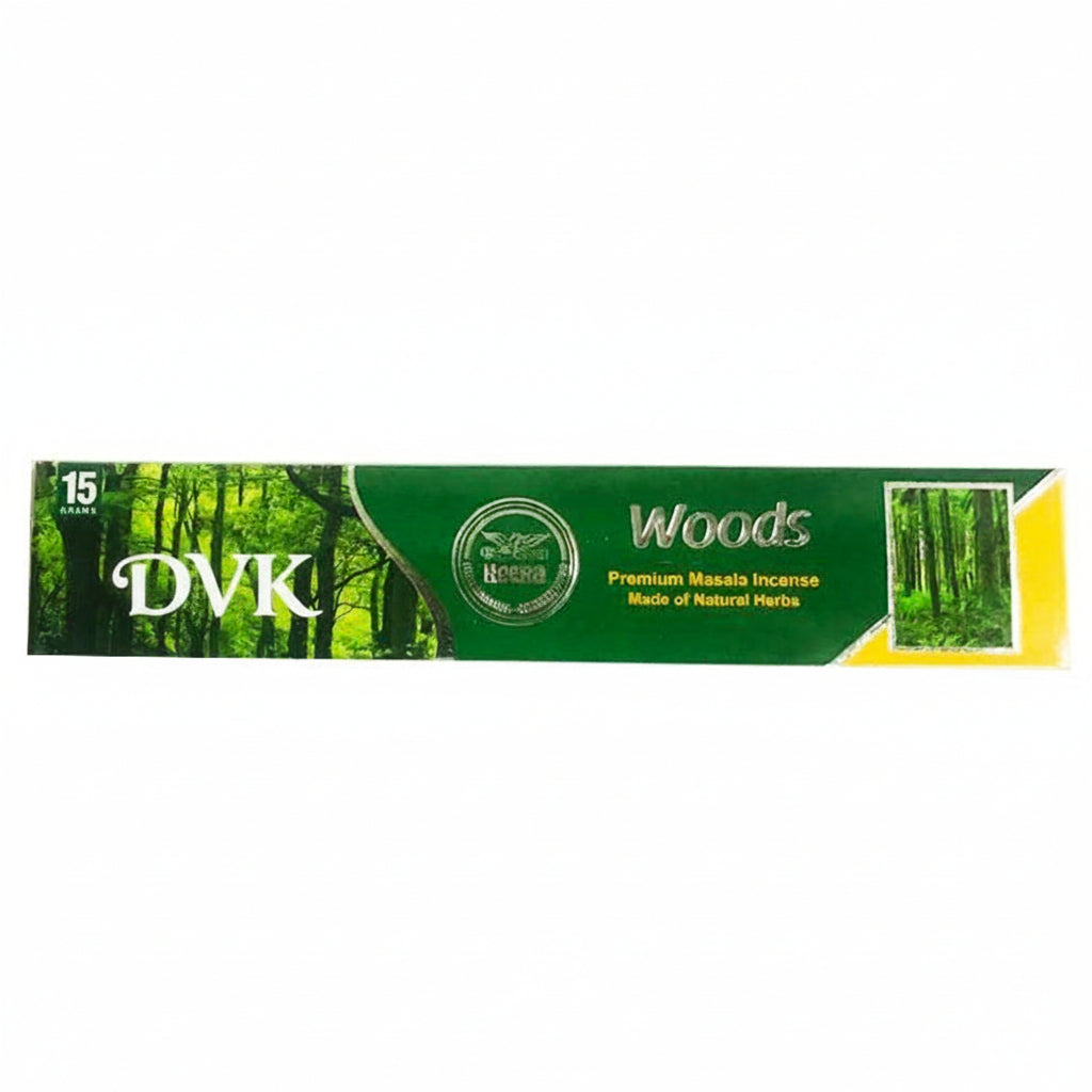 DVK's Woods incense packaging with green and yellow design on a white background