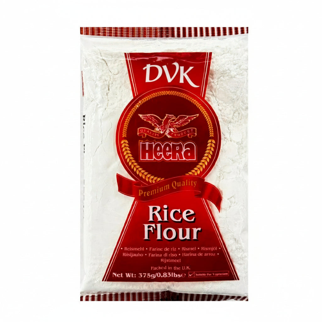 Packaging of Heera Rice Flour with red and white design on a white background