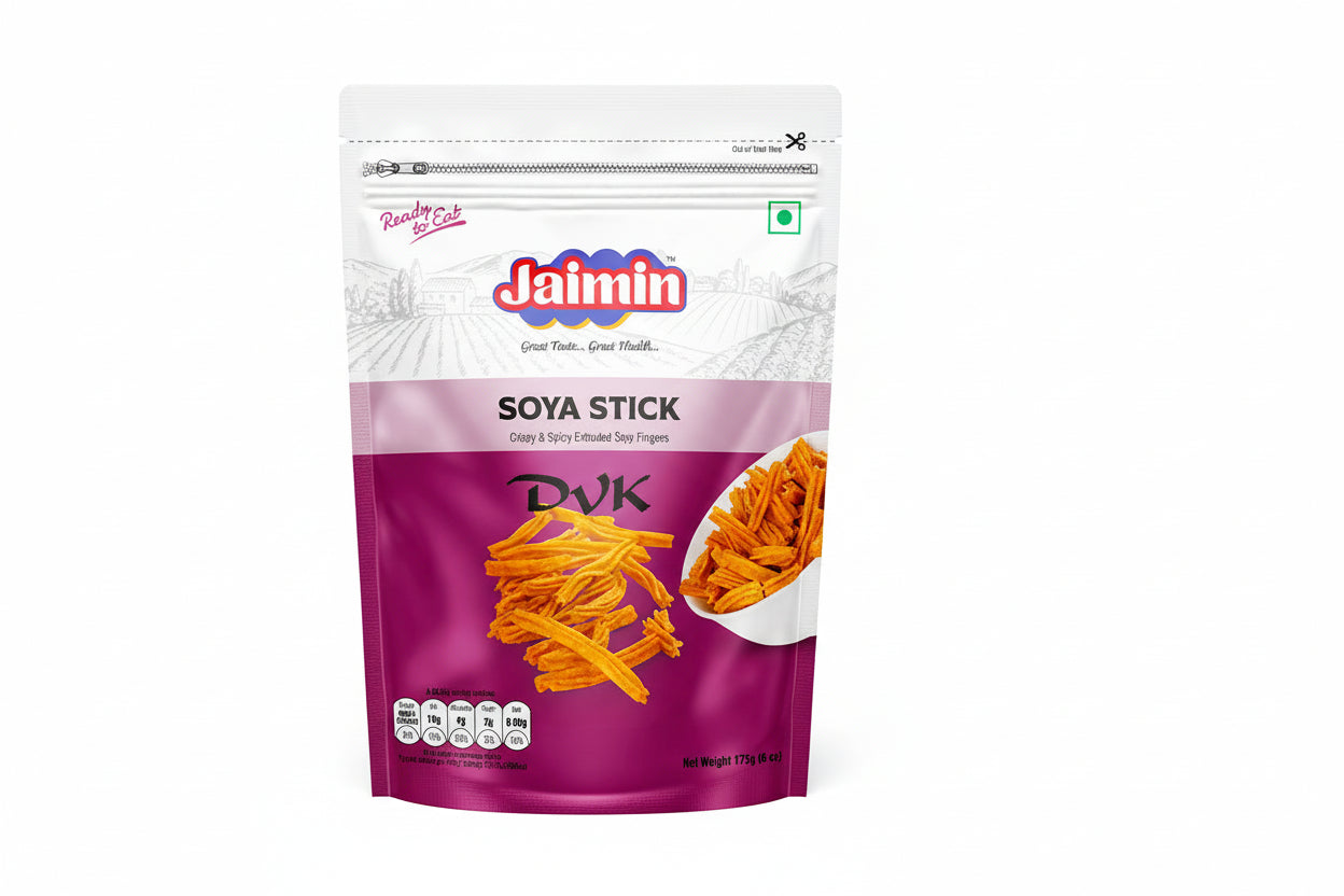 Jaimin Soya Stick packaging with a white and purple design on a white background