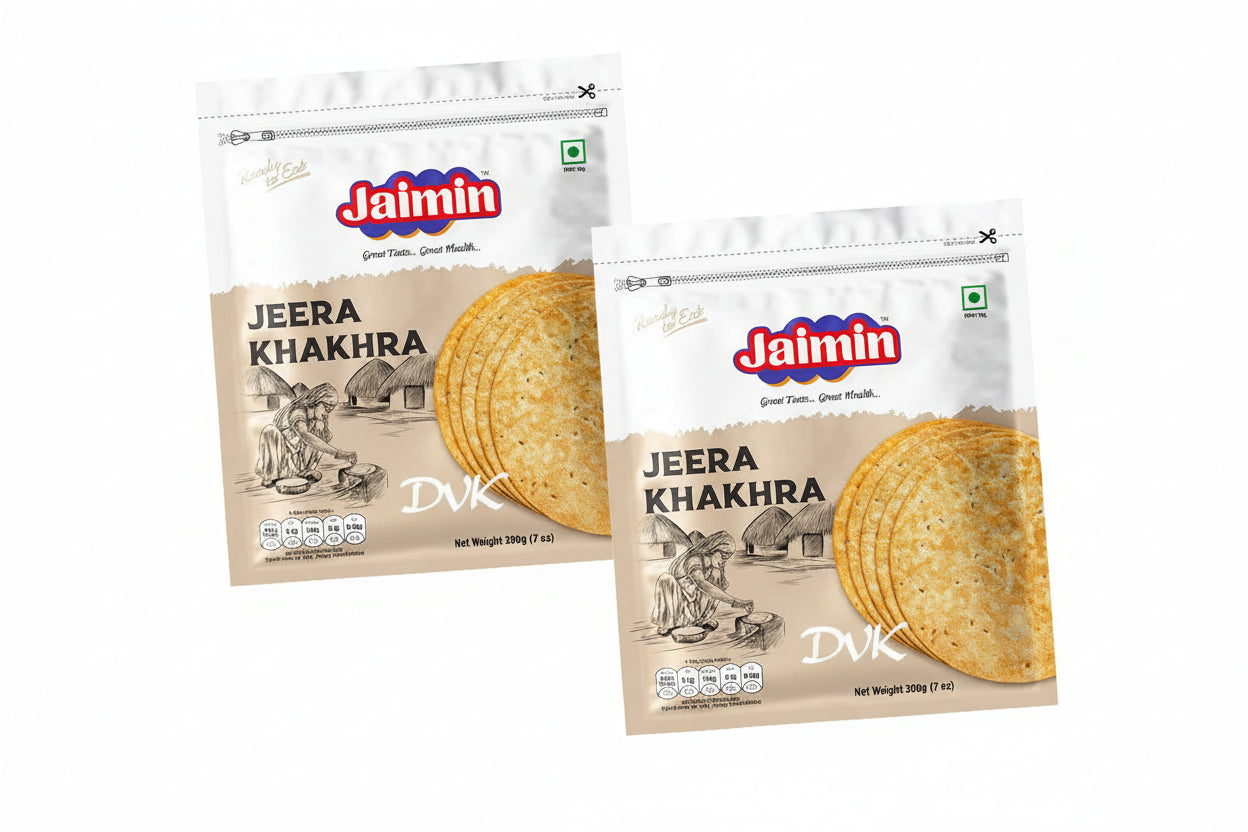 Two packages of Jaimin Jeera Khakhra on a white background