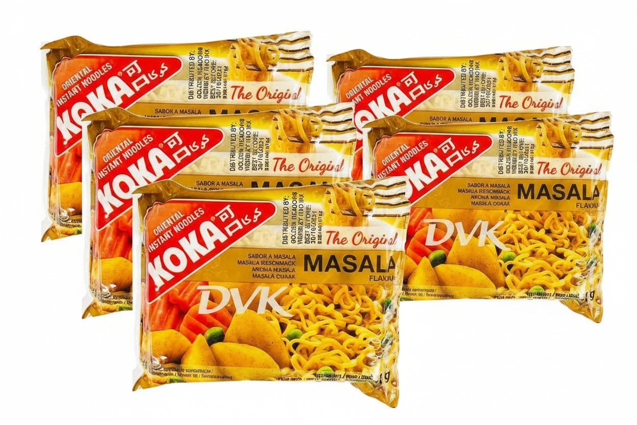 Multiple packages of Koka instant noodles with visible branding on a white background