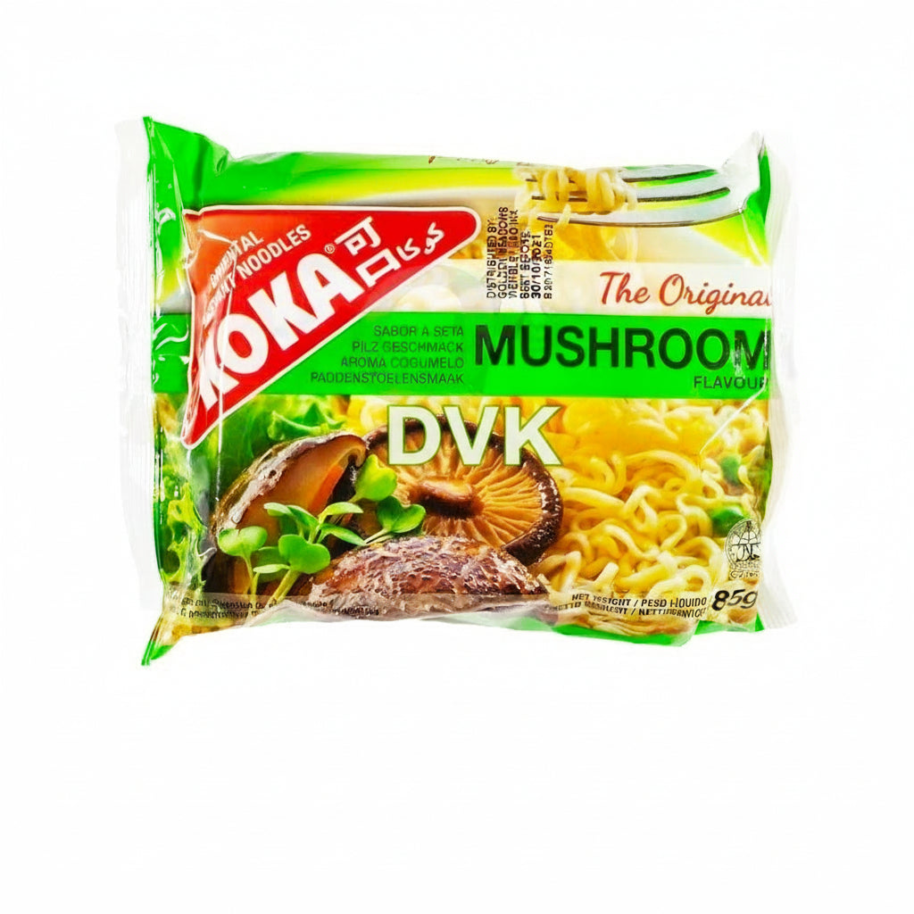 Packaged noodles with mushrooms on a white background