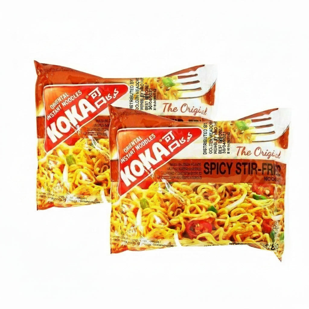 Two packages of Koka noodles with spicy stir-fry flavor on a white background