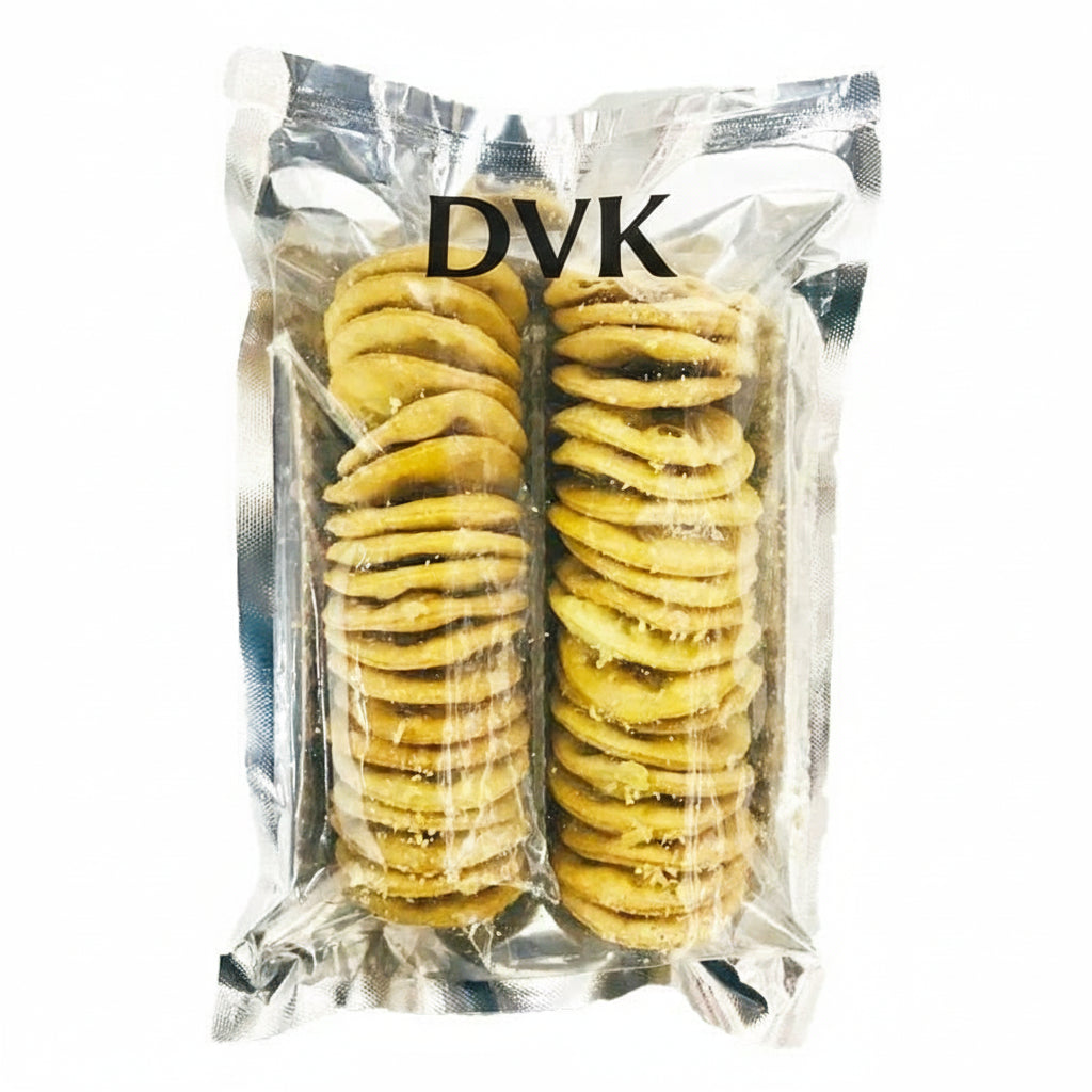 Packaged cookies with 'DVK's' branding on a white background