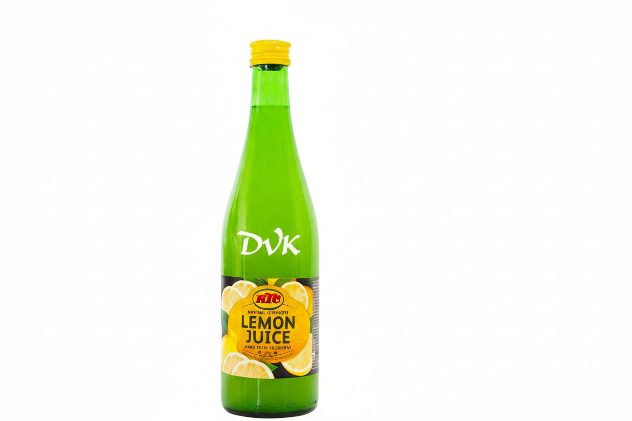 Bottle of lemon juice with a green label on a white background