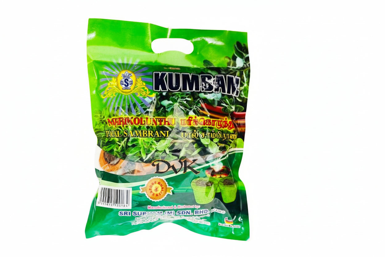 Green packaging of Kumban with images of food items on a white background