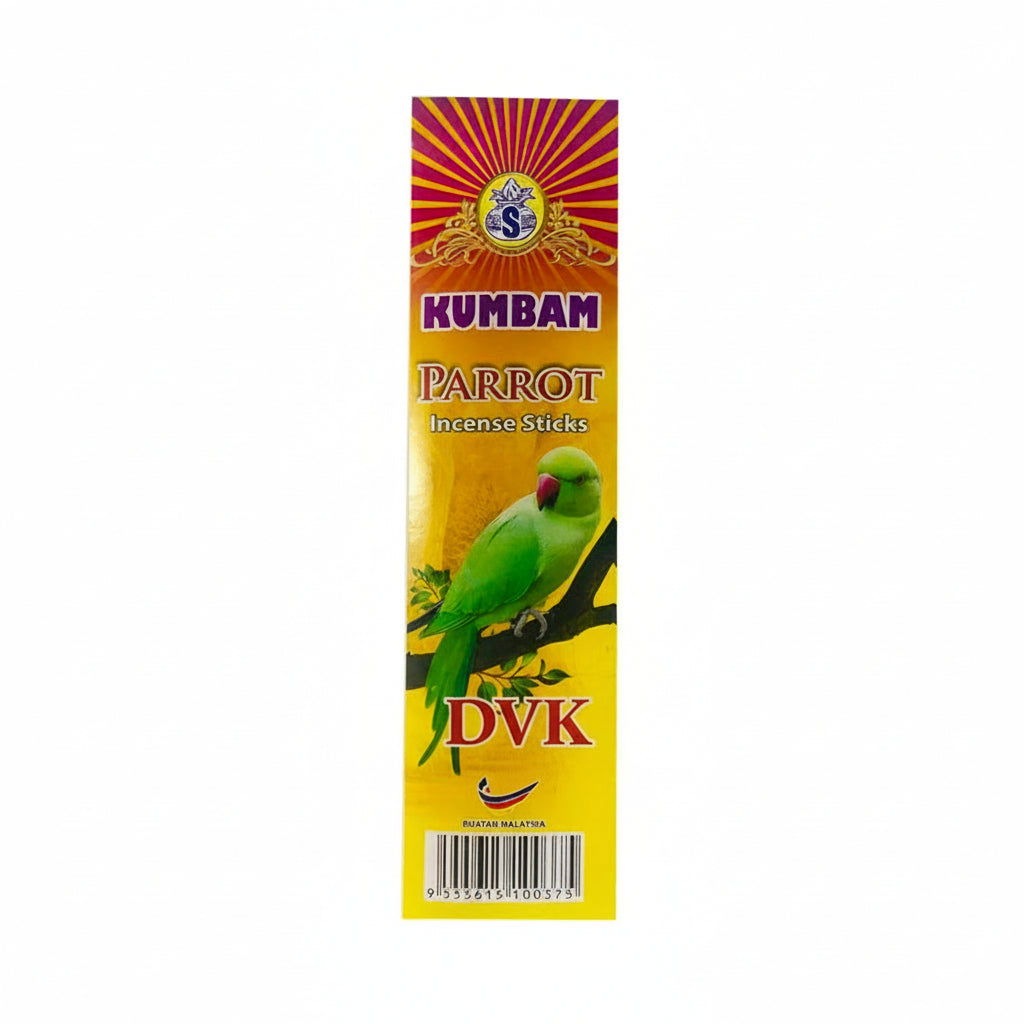 Kumbam Parrot Incense Sticks packaging with a green parrot illustration on a yellow background