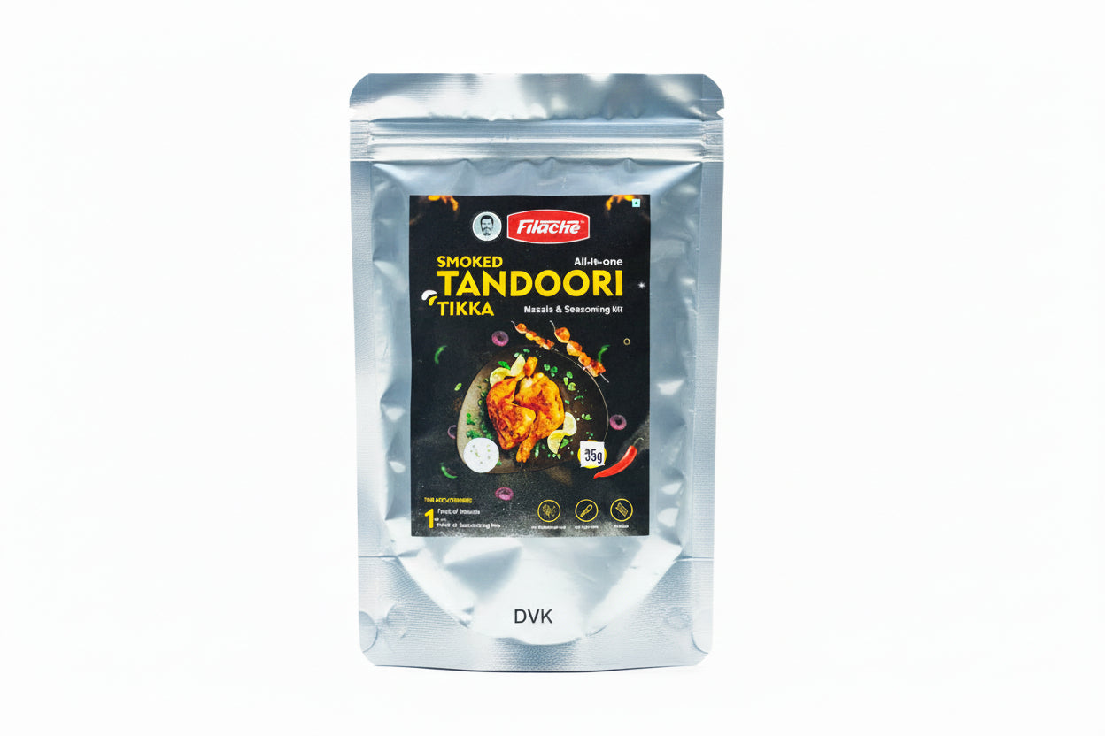 Packaged smoked tandoori tikka seasoning kit on a white background