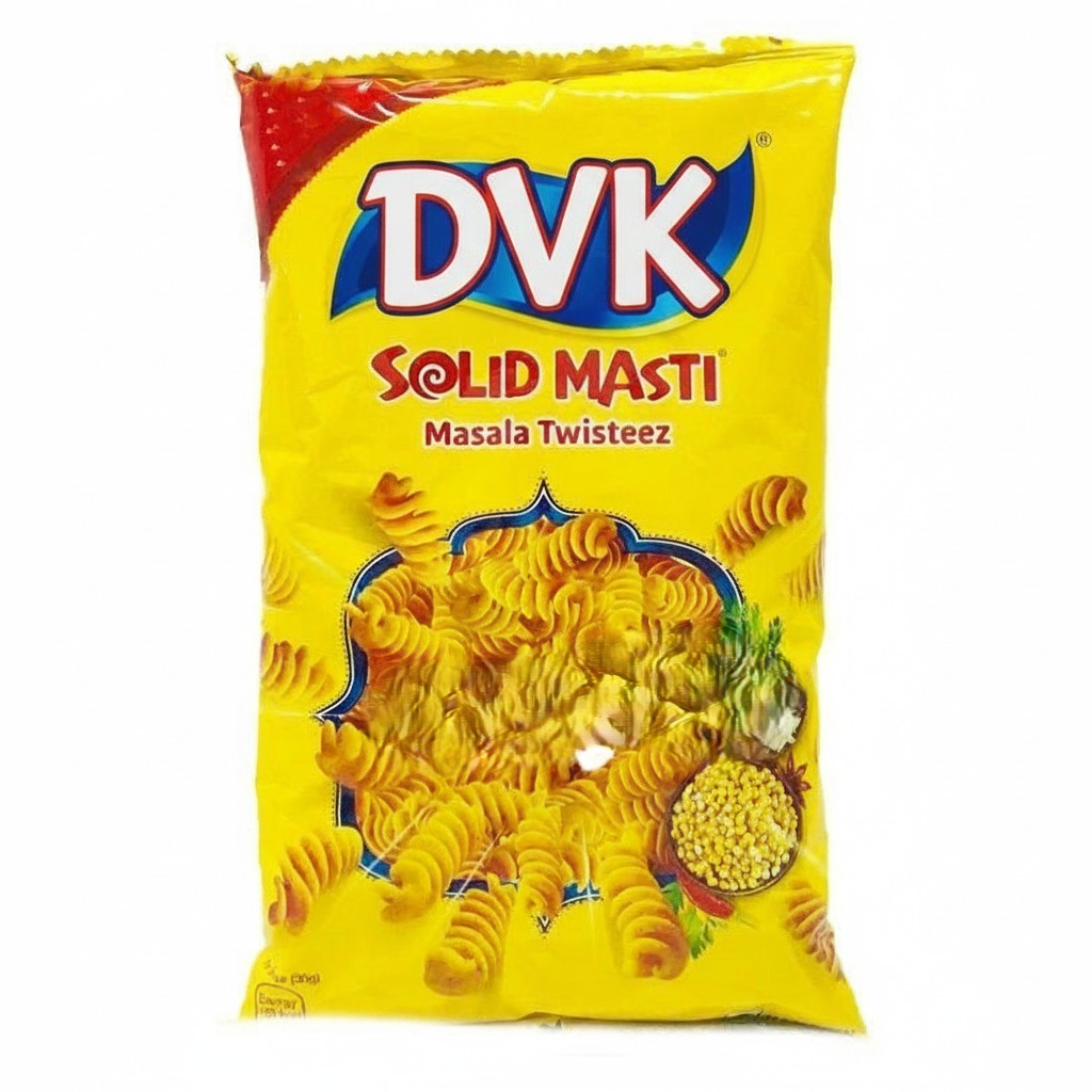 Yellow packet of DVK Solid Masti Masala Twisteez on a white background