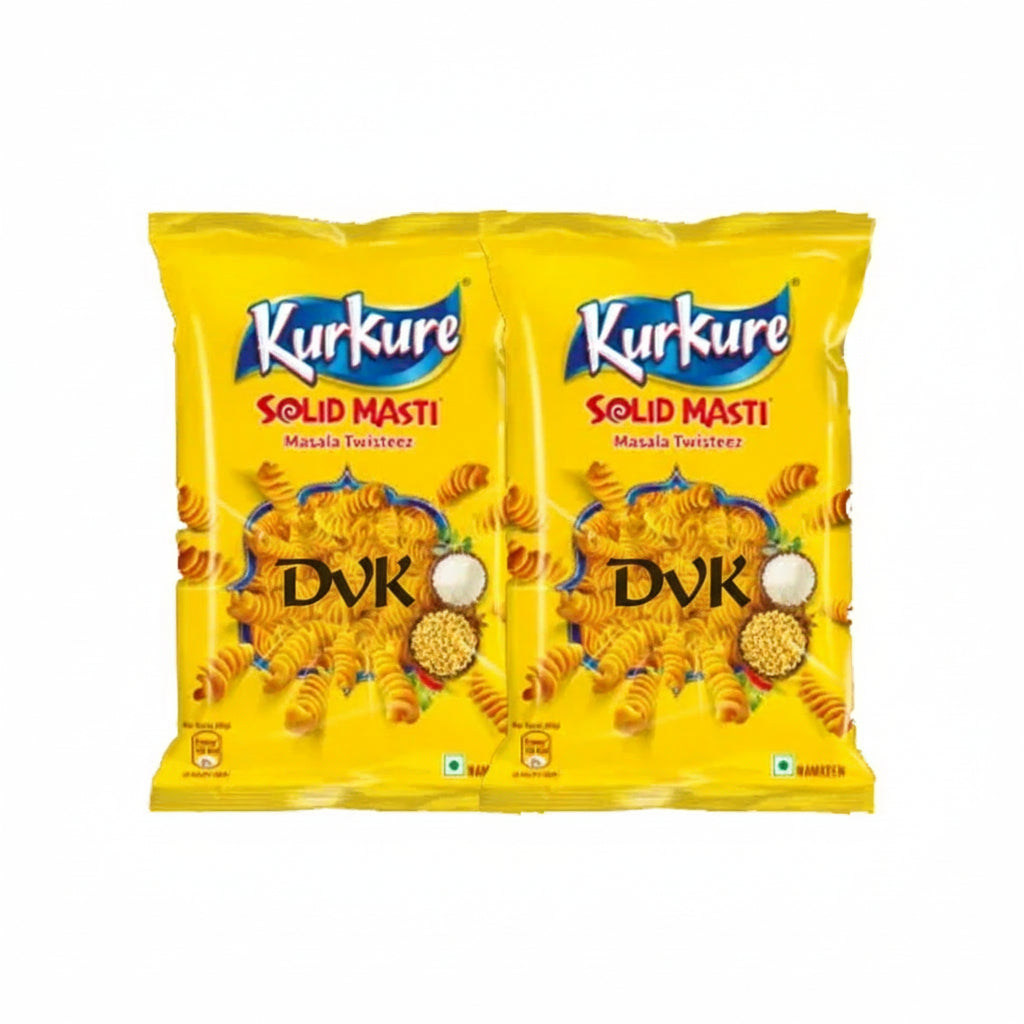 Two yellow packets of Kurkure Solid Masti on a white background