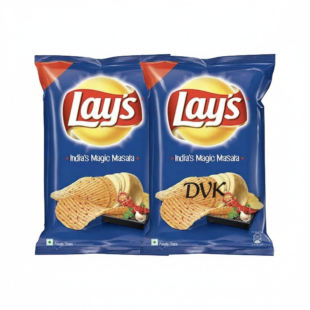 Two packets of Lay's India's Magic Masala potato chips on a white background
