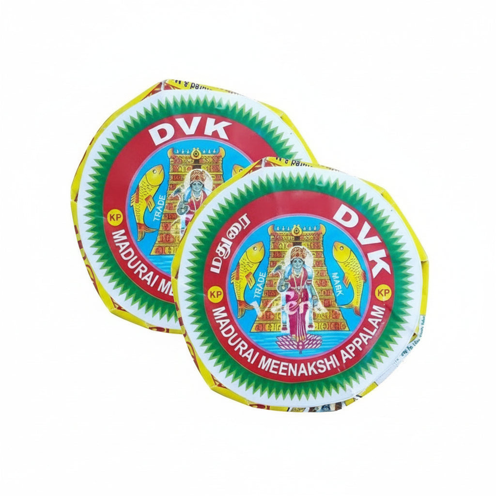 Two colorful packages of Madurai Meenakshi Appalam on a white background