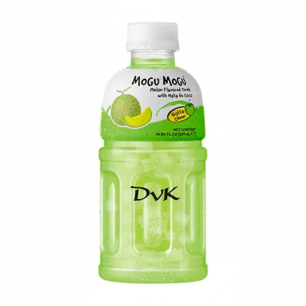 Green bottle of DVK's Mogu Mogu Melon Flavored Drink on a white background