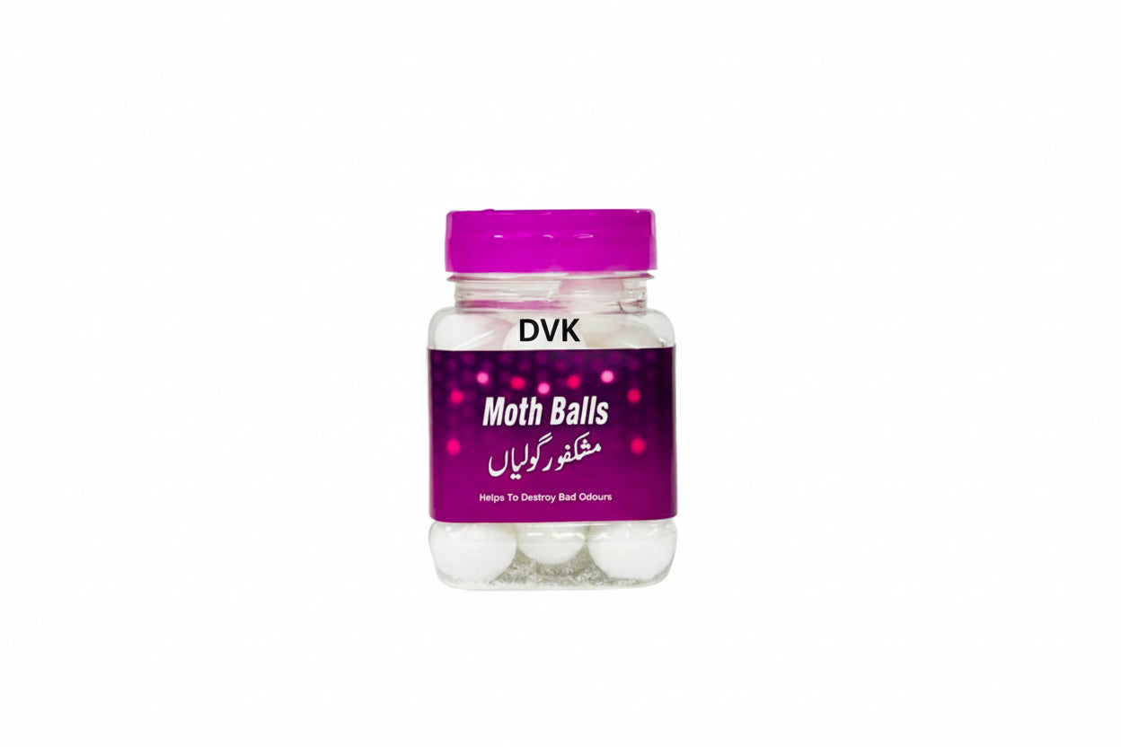 Jar of moth balls with a purple label on a white background