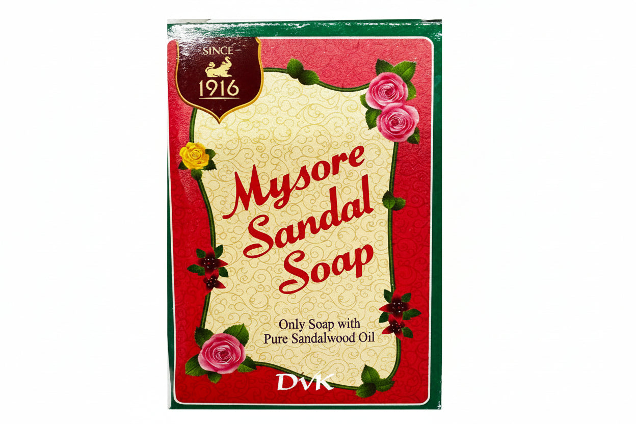 Mysore Sandal Soap packaging with red and green design on a white background