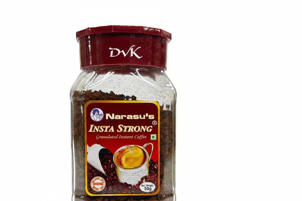 Jar of Narasu's Insta Strong instant coffee on a white background