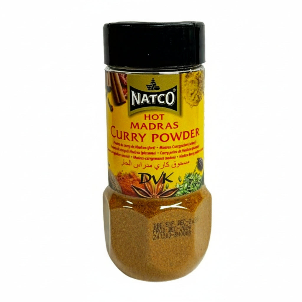Jar of Natco Hot Madras Curry Powder on a white background