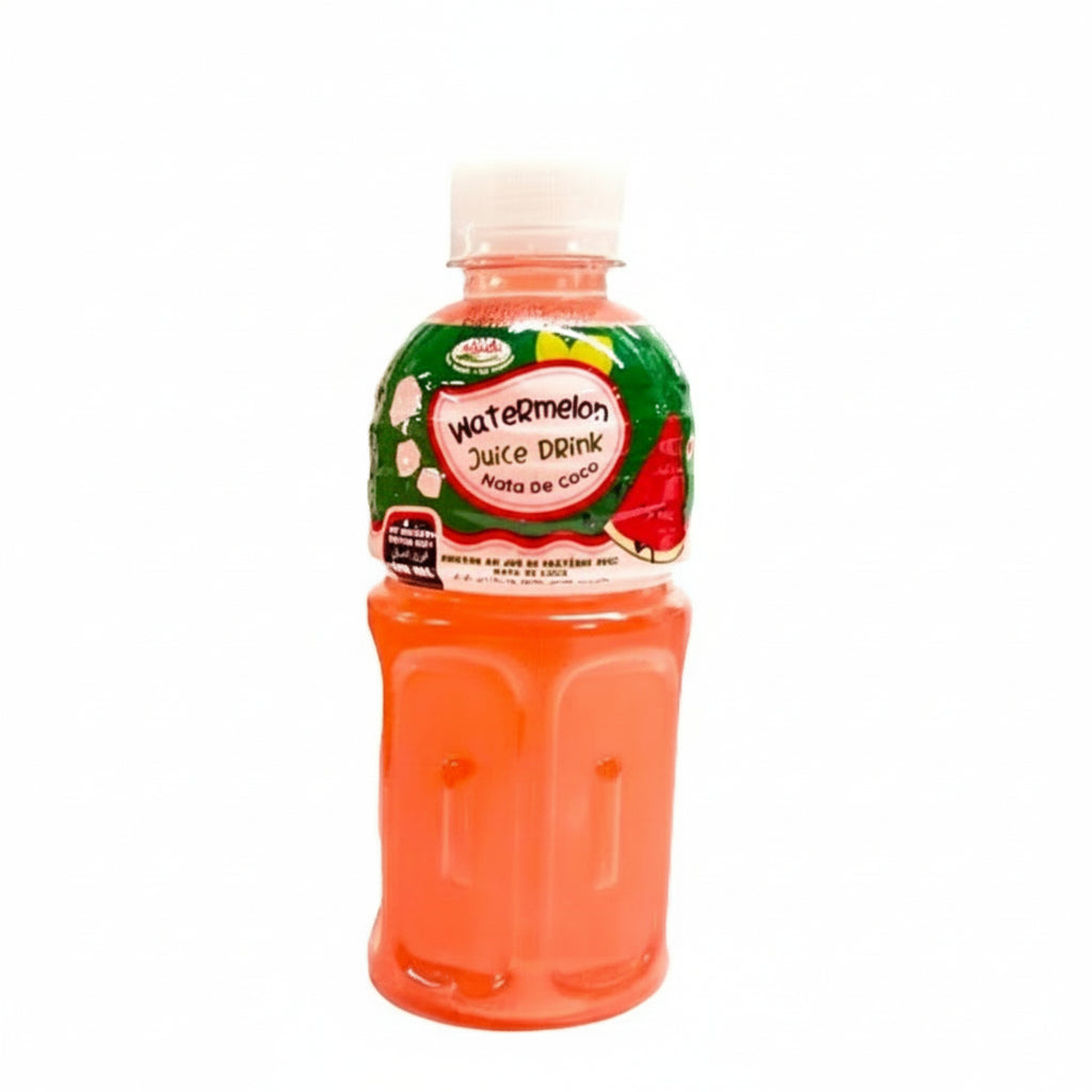 Bottle of watermelon juice drink with a green label on a white background