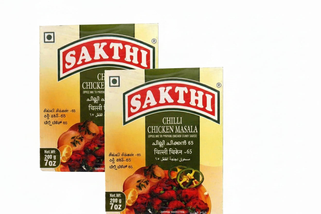Two packages of Sakthi Chilli Chicken Masala on a white background
