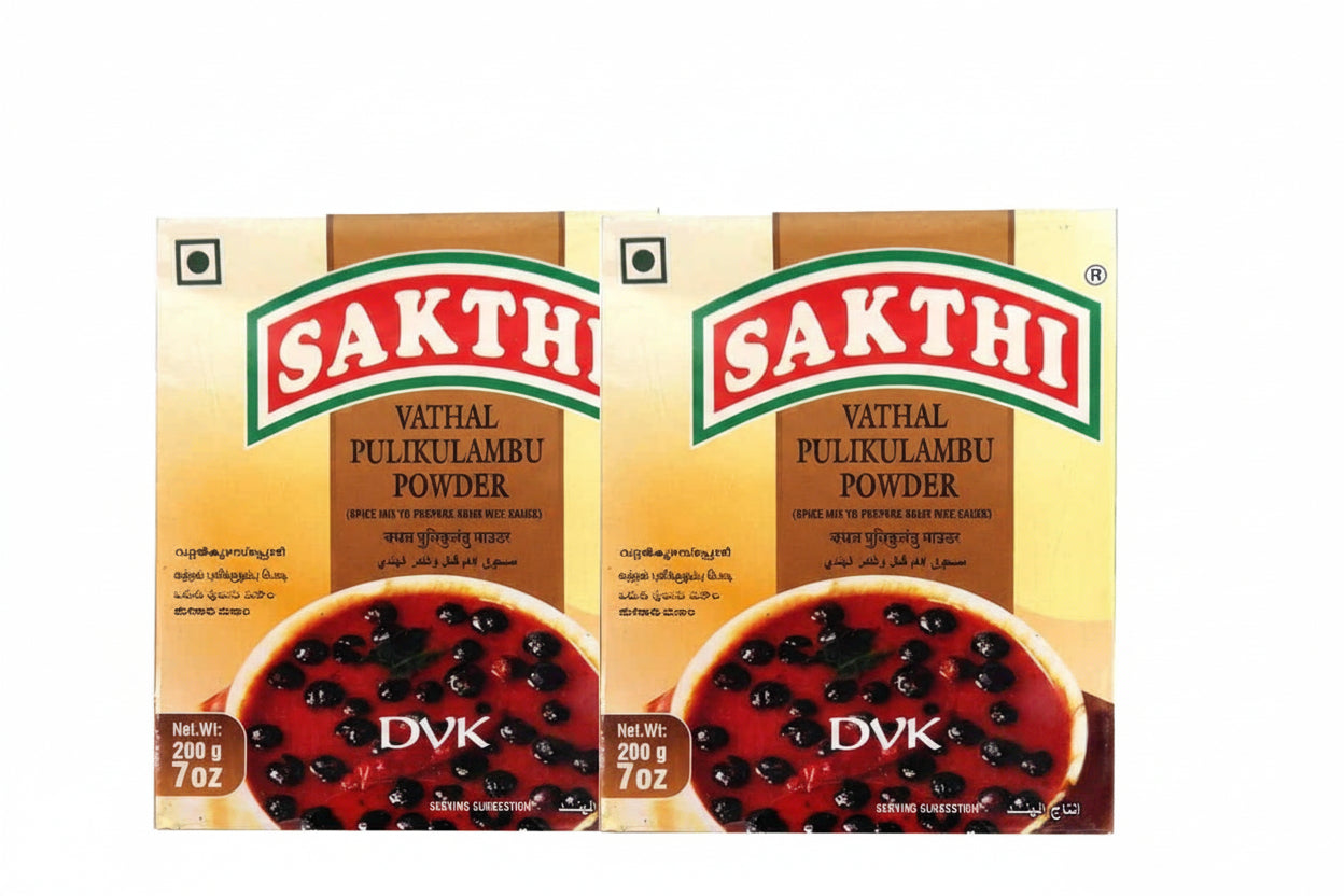 Two boxes of Sakthi Vathal Pulikulambu Powder with a red and black product image on a white background.