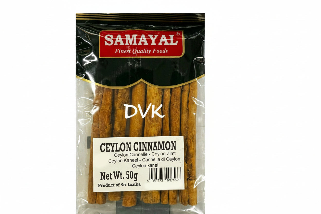 Packaged Ceylon cinnamon sticks with Samayal branding on a white background