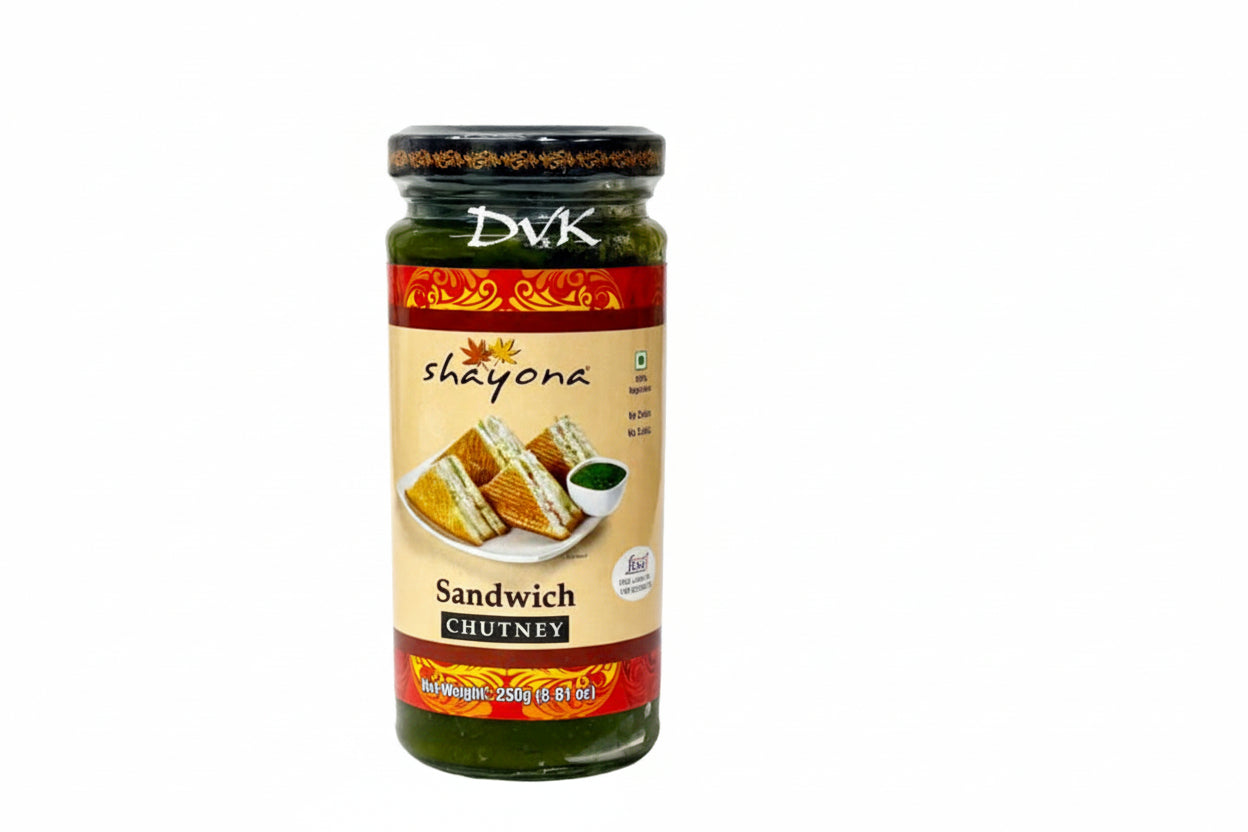 Jar of DVK's Shayona Sandwich Chutney on a white background