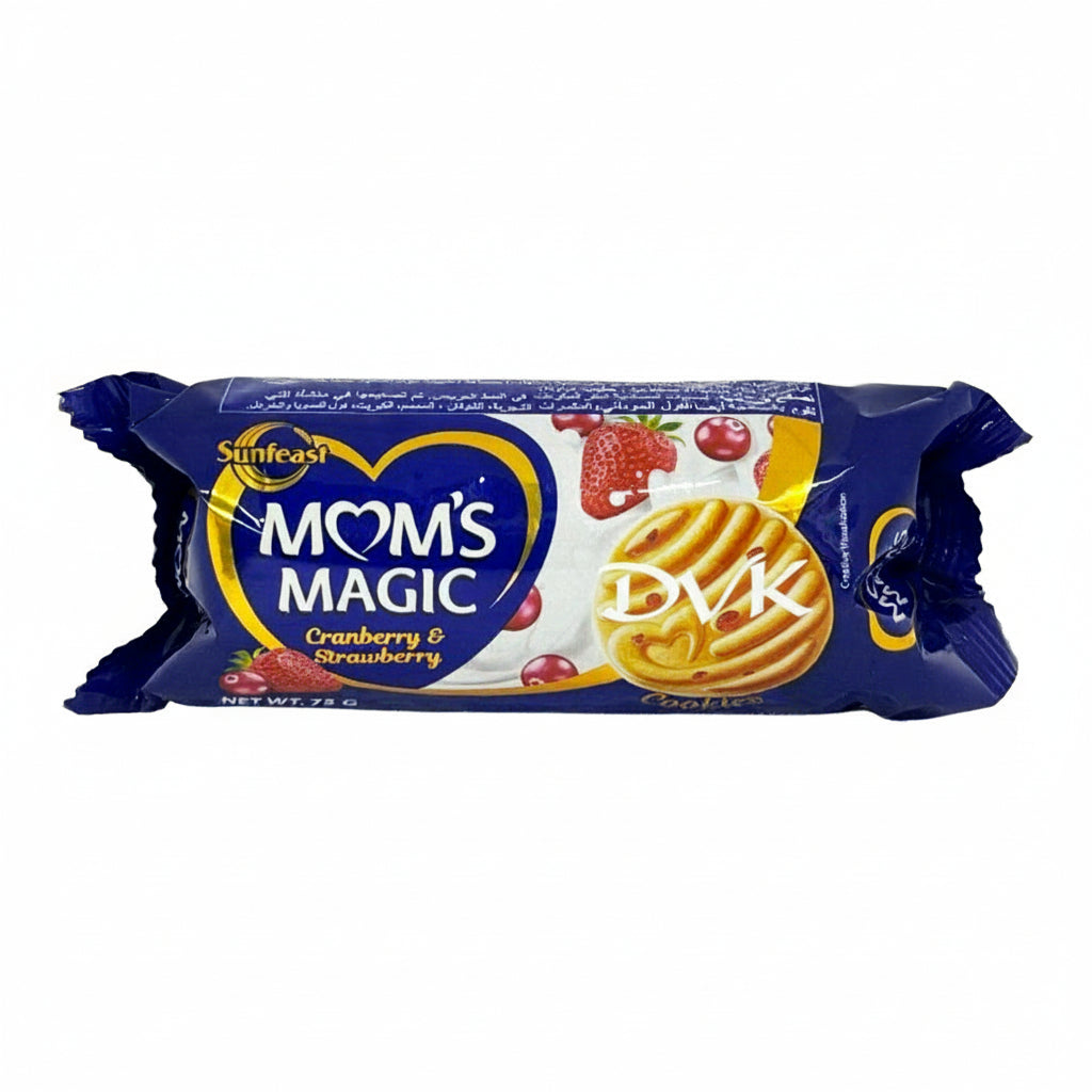 Packaged cookies with 'Mom's Magic' branding on a white background