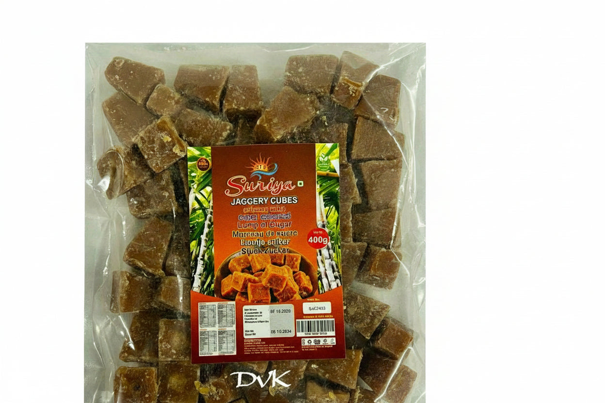 Packaged jaggery cubes with a visible label on a white background