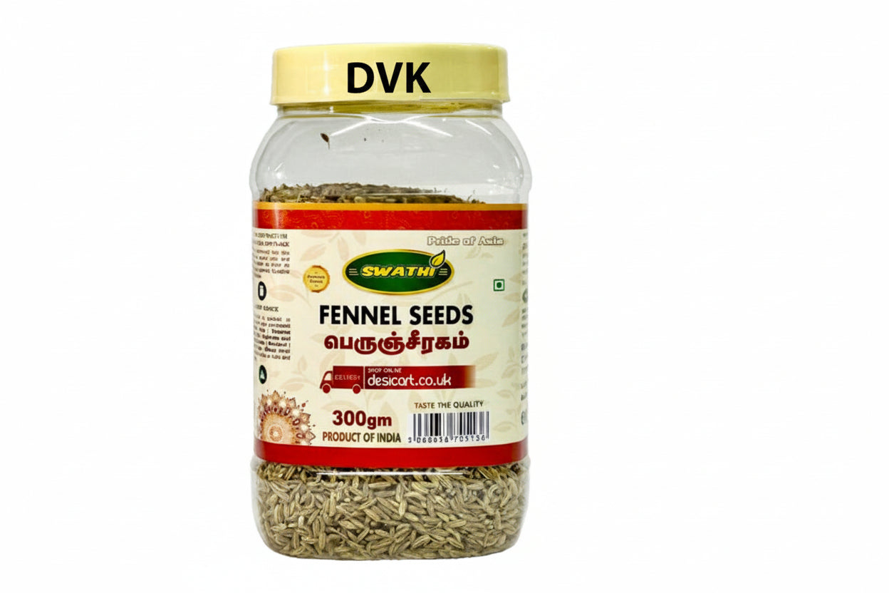 Jar of fennel seeds with a yellow lid on a white background