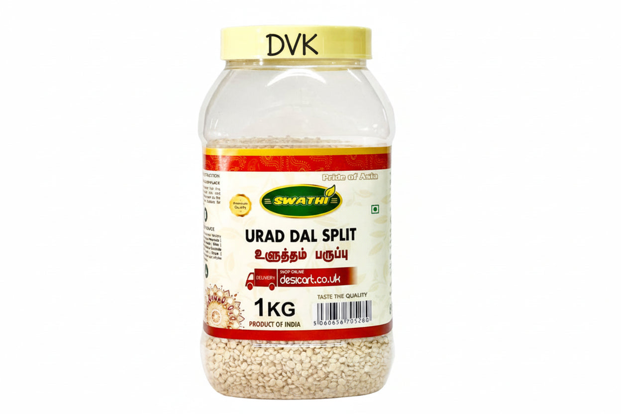 Jar of Swathi Urad Dal Split on a white background