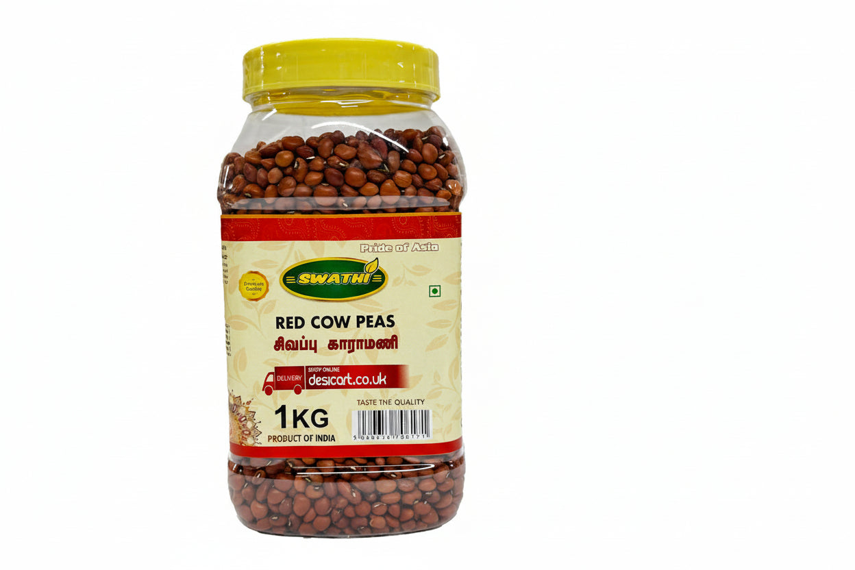 Jar of red cow peas with a yellow lid on a white background