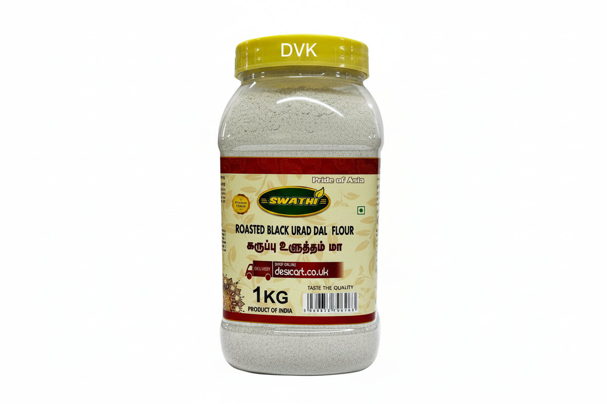 Jar of Swathis Roasted Black Urad Dal Flour with a yellow lid on a white background