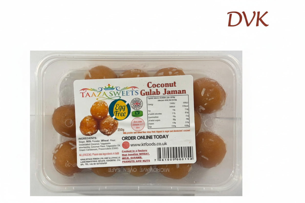 Packaged coconut gulab jamun with a label on a white background