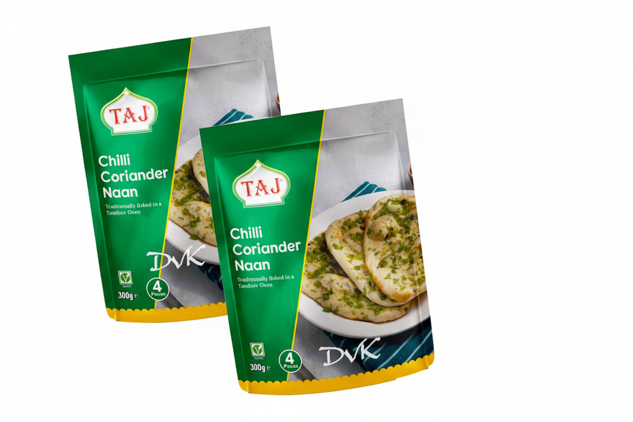 Two packages of Taj Chilli Coriander Naan on a white background