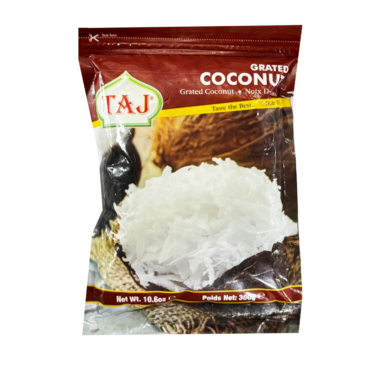 Taj Grated Coconut 300g – Fresh shredded coconut ideal for cooking baking and desserts
