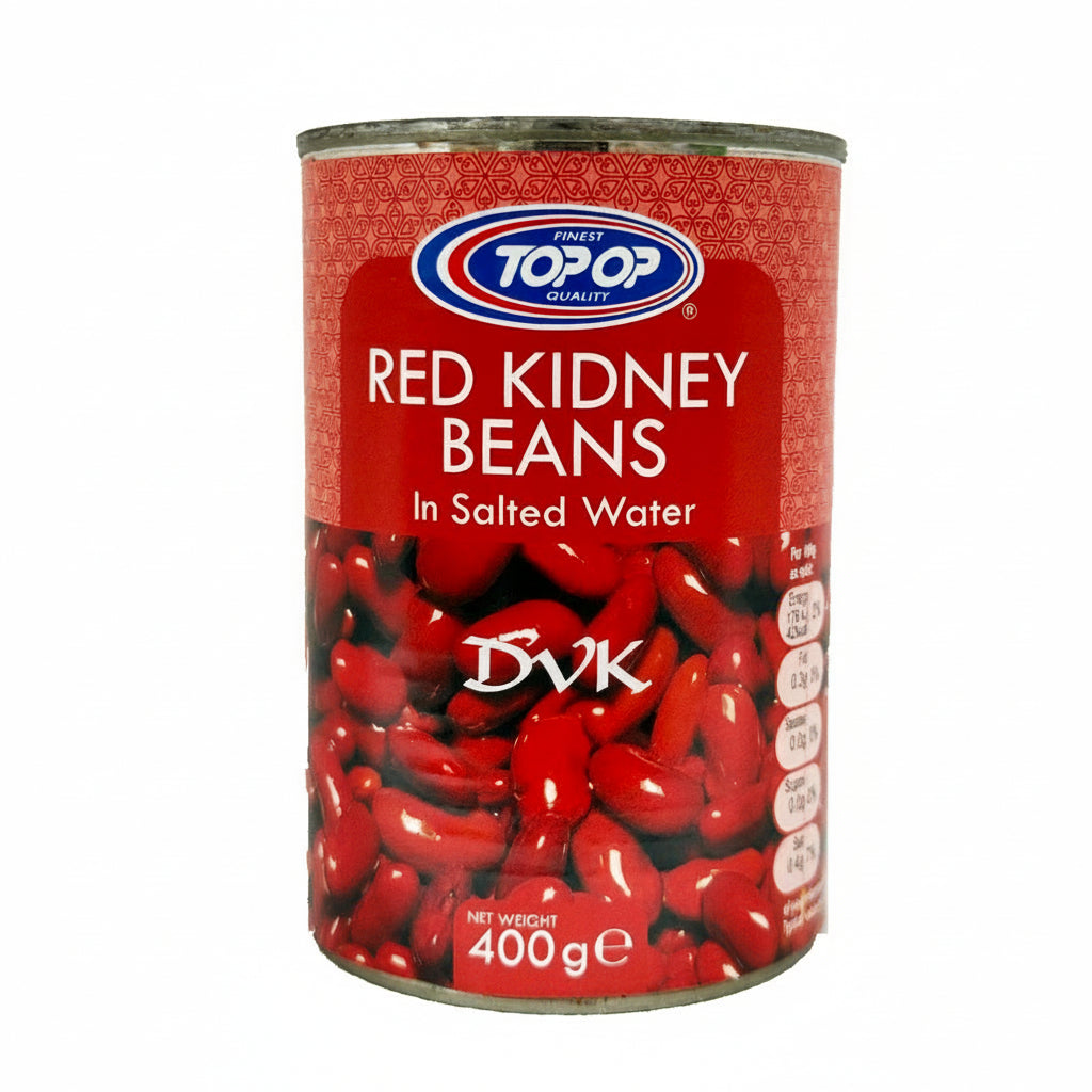Can of red kidney beans with Topop branding on a white background