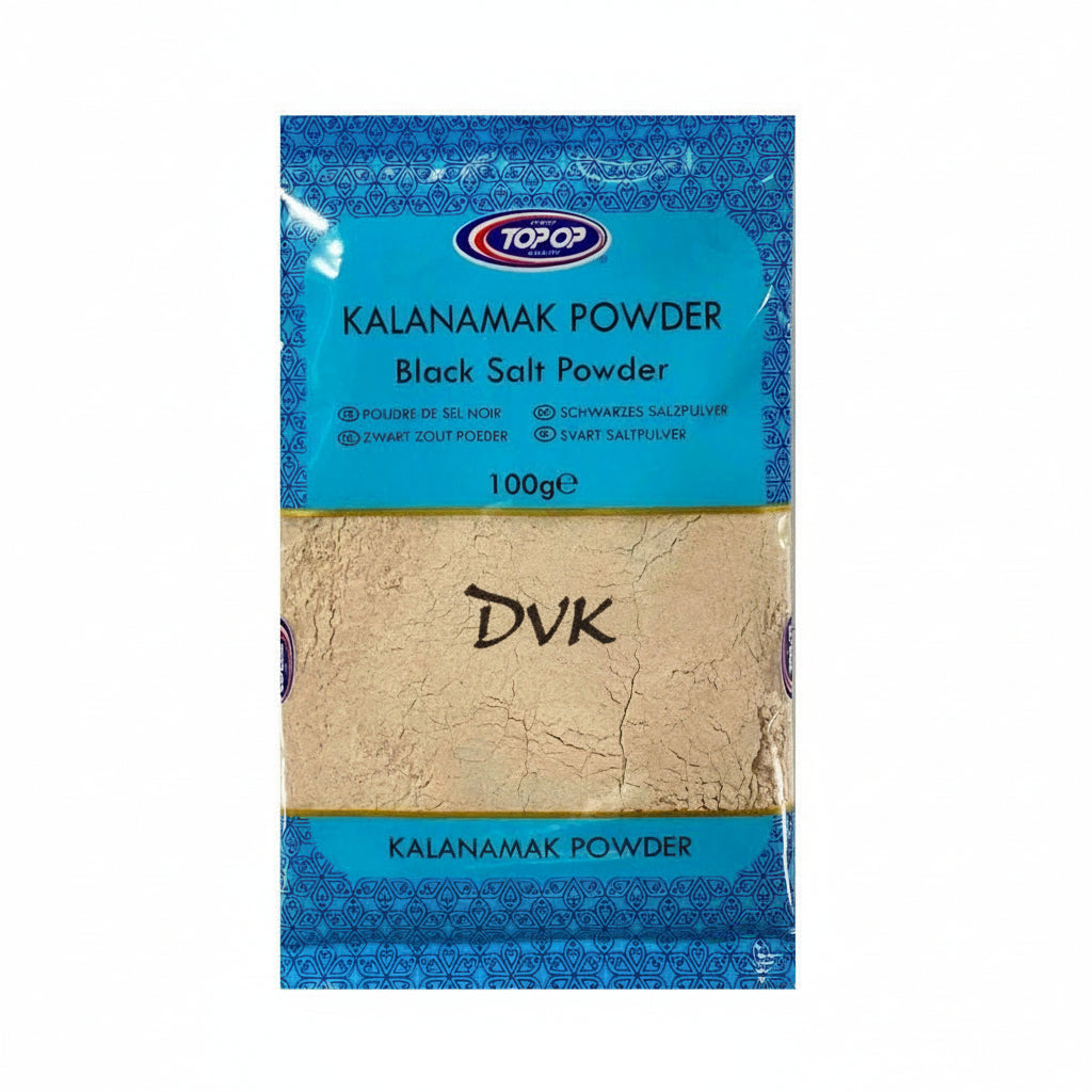 Kalanamak powder package with blue and beige design on a white background