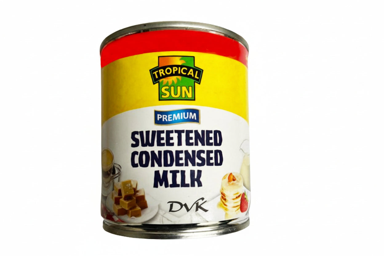 Tropical Sun sweetened condensed milk can on a white background