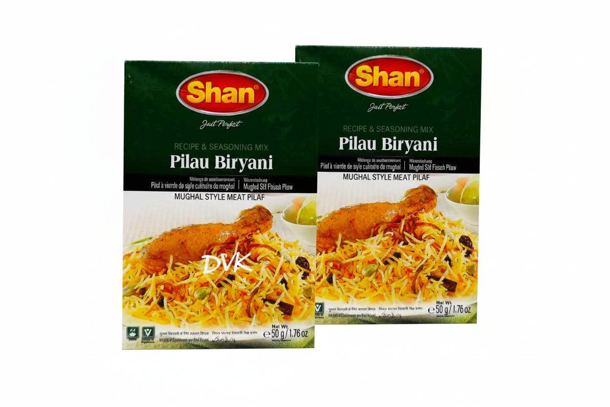 Two boxes of Shan Pilau Biryani recipe and seasoning mix on a white background