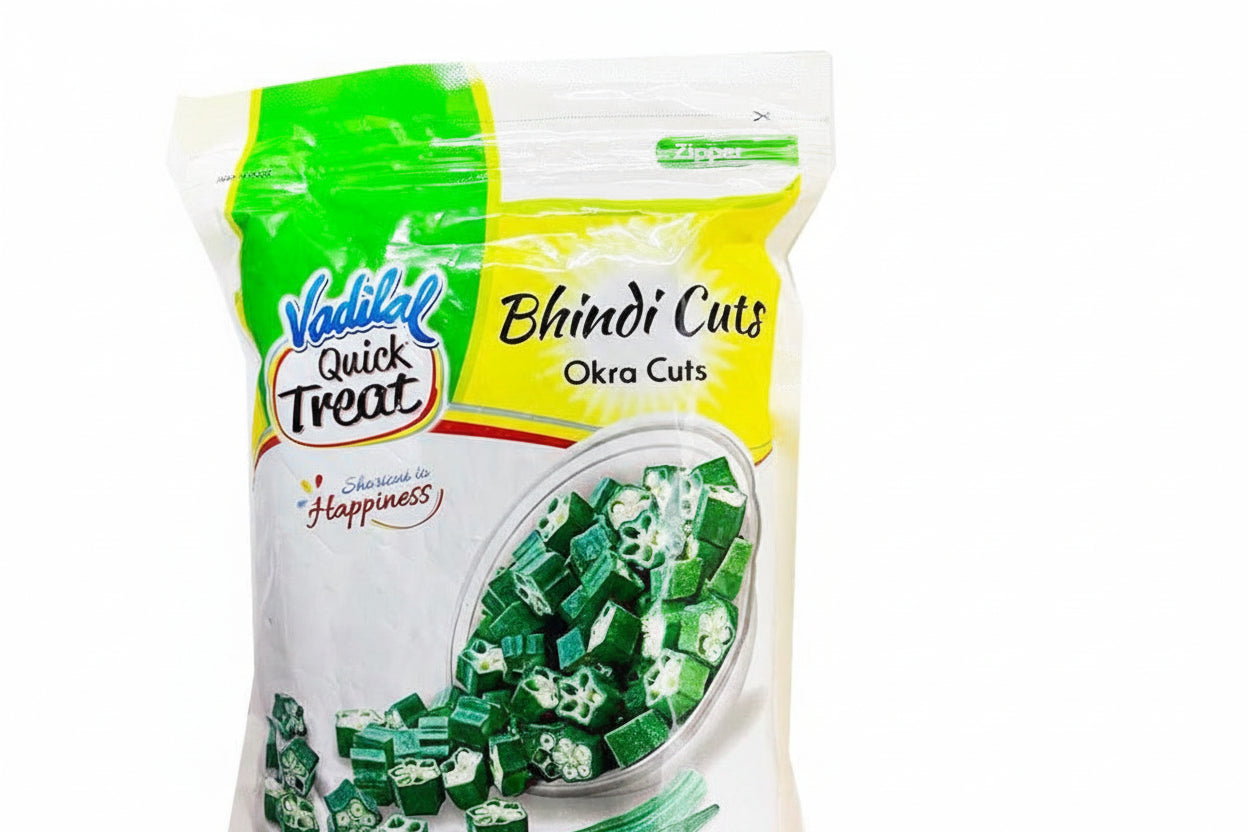 Packaged Vadilal Bhindi Cuts Okra Cuts on a white background