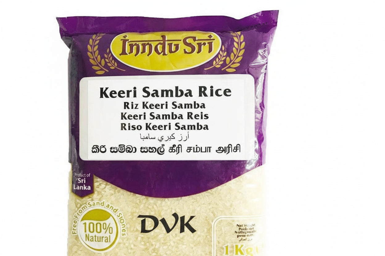 Package of Indu Sri Keeri Samba Rice with purple and white design