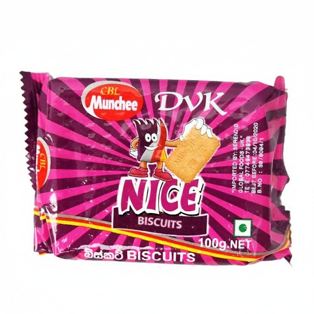 Nice Biscuits packaging with pink and purple design on a white background