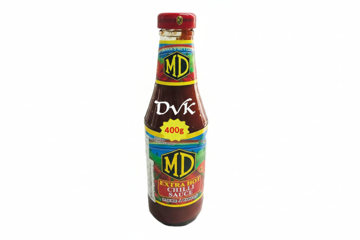 Bottle of MD Extra Hot Chilli Sauce on a white background