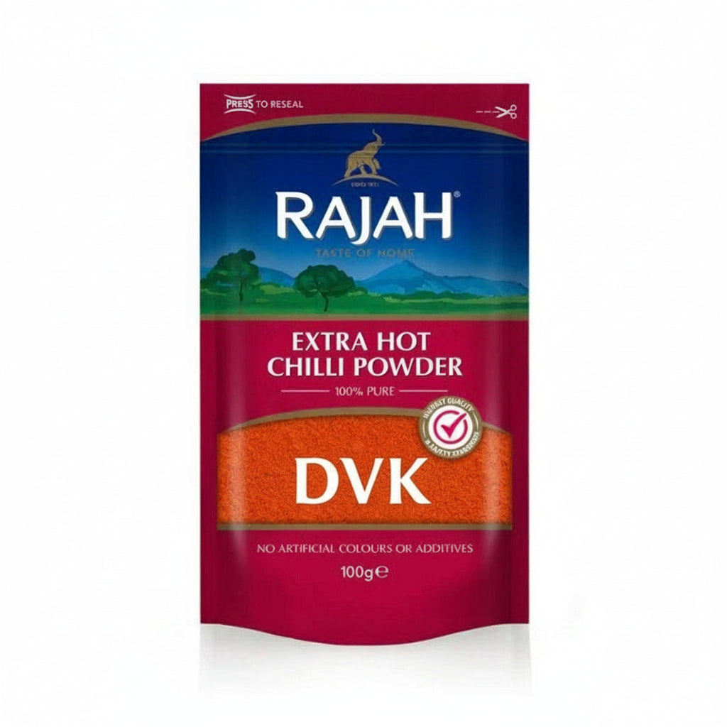 Rajah Extra Hot Chilli Powder packaging on a white background